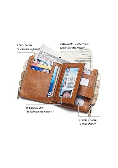 Sones Humerpaul Bp896 Rfıd Hırsızlığa Karşı Fırça Çift Fermuarlı Deri Cüzdan Çoklu Kart Erkek Çanta Koyu Kahverengi