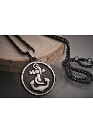 Antik Paslanmaz Çelik Denizci Çapa Erkek Kolye /60 Cm Zincirli Silver