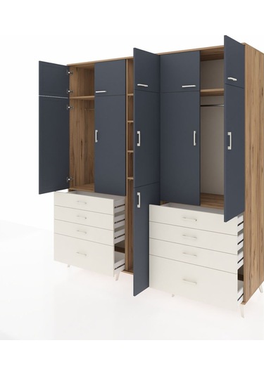 Kronos Dolap 8 Raflı 8 Çekmeceli 3 Askılı 220x59x243 Çam-antrasit/aytaşı Antrasıt/aytası