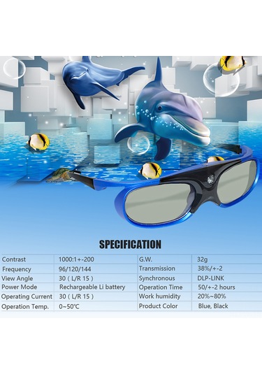 Vkemall Mavi Aktif Şeritli 3d Gözlük - Dlp Projeksiyoncular İçin Dlp-lınk İle Gerçekçi 3d Görüntüleme