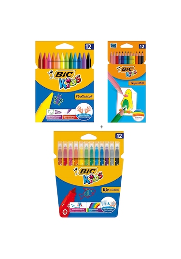 Bic Pastel Boya Kalemi 12'li + Kuru Boya Kalemi 12'li +  Yıkanabilir Keçeli Boya Kalemi 12'li
