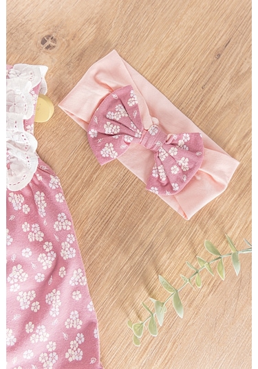 Babymod Çiçek Desenli Bandanalı 3'lü Kız Bebek Elbiseli Takım 001