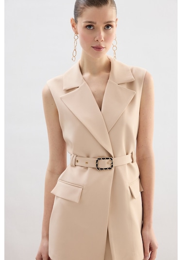 Sateen Kemer Detaylı Yelek - Bej-136848 Bej
