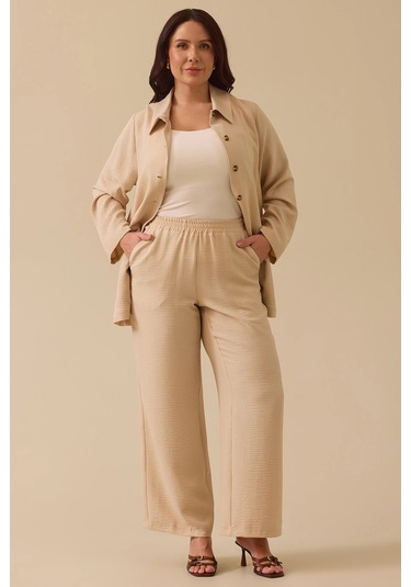 Galaxi Kadın Büyük Beden Elastik Bel Cepli Rahat Kesim Pantolon 4013 Bej Bej