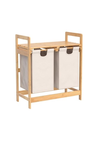 Digithome Bambu 2 Bölmeli Kirli Sepetli Çamaşır Sepeti Raflı Banyo Düzenleyici Db-0007 Ahşap