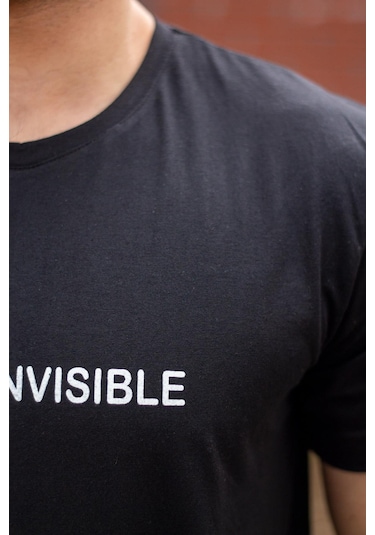 Erkek Siyah Invisible Yazı Baskılı Basic Kısa Kollu Bisiklet Yaka Tişört 20etshyunz 001