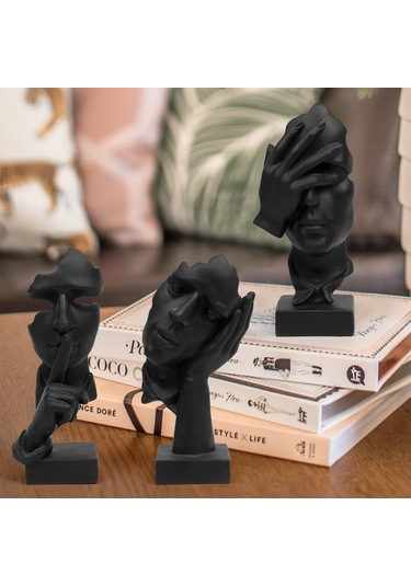 Tenfowee Koyu Siyah Modern Sanat Figürü Seti - Sessizlik, Görmememe, Düşünme Temalı Resin Heykel Dekor 3 Parça
