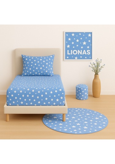 Desenli 120 X 200 Cm Ara Ölçü Mavi Yıldız Lastikli Çarşaf Ve Yastık Kılıfı Mavi