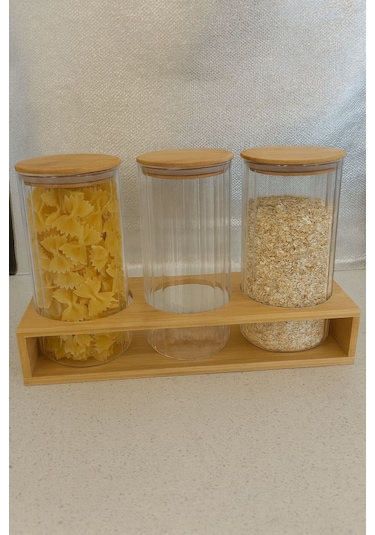 Qerhome Borosilikat Cam Bambu Stantlı Ve Bambu Kapaklı Optik Çizgili Baharatlık Seti 1400 Ml Alg11522 Amber