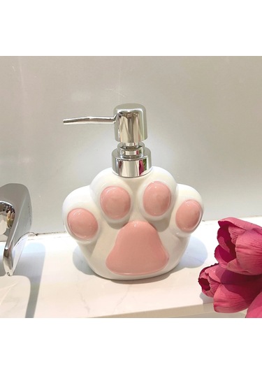 Banyo Sabunluk Seramik Kedi Paw Losyon Dispenseri Basın Tipi El Bej - Sarı