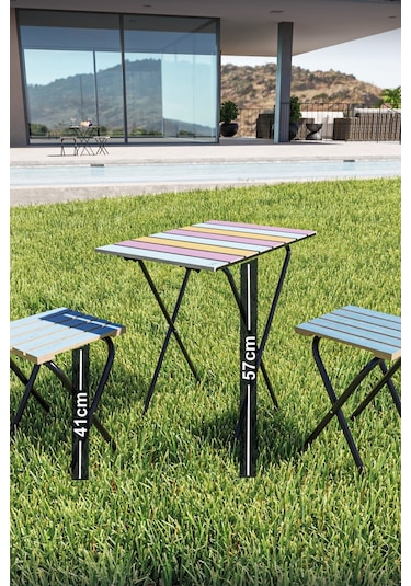 Bino Yükseklik Ayarlı Ahşap Bistro Set Kamp Masası Taburesi 3'lü Set Çok Renkli