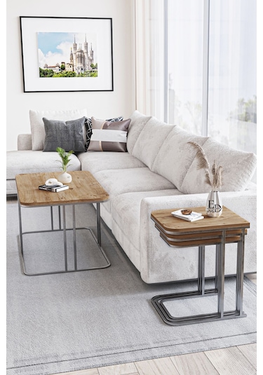 Lyon 3'lü C Zigon Sehpa Gümüş Metal - Atlantik Çam Tabla