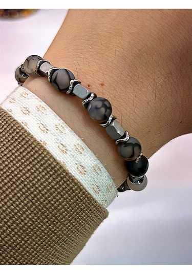 Nursaat 3'lü Doğal Taş Unisex Tılsım Bilekliği Azurit,Hematit, Kristal Kuvars Taşı Doğaltaş Bileklik Çok Renkli