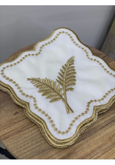 Nivemeshome Yaprak Nakışlı Gold Kare 6 Adet Keten Kokteyl Peçetesi Kahve Yanı Sunumluk Gold