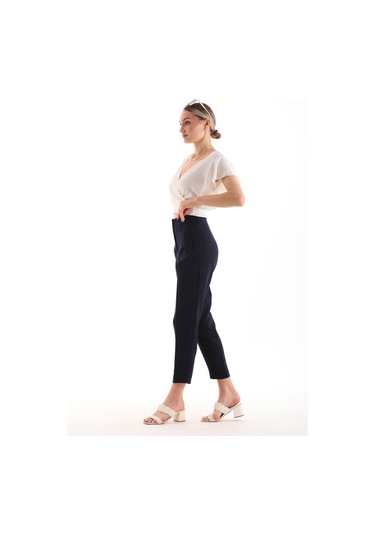 Yüksek Bel Pileli Filota Cep Görünümlü Dabıl Kumaş Pantolon Laciv Lacivert