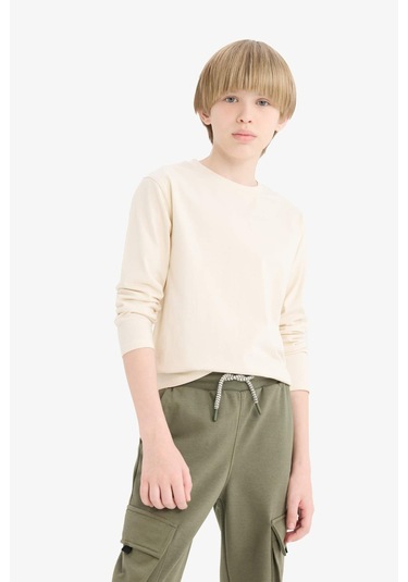 Defacto Erkek Çocuk Bisiklet Yaka Basic Düz Uzun Kollu Tişört K1686a625aubg734 Bej