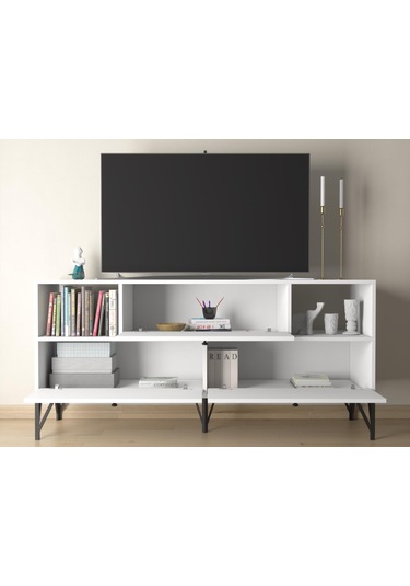 Wood'n Love Mia 160 Cm Metal Ayaklı Tv Ünitesi - Konsol - Beyaz / Siyah Kahverengi