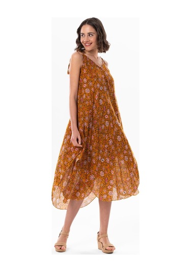 Askılı Vual Afrodit Midi Boy Yazlık Elbise Hardal 6202 - Kadın