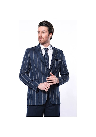 Wessi Çizgili Açık Slim Fit Lacivert Erkek Ceket Siyah