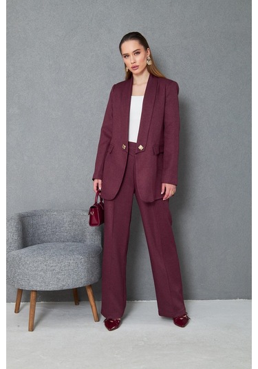 Kare Düğmeli Yünefekt Takım Mürdüm Düz Mürdüm