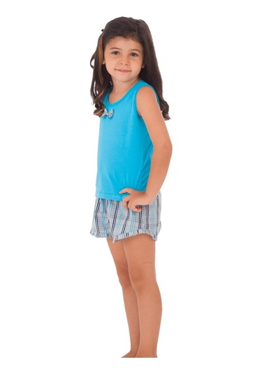 The Don Aile Turkuaz Gri-Lacivert Ekose Kız Çocuk Şort Takımı (9-