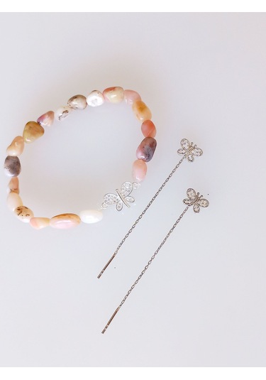 925 Ayar Gümüş Zincir Kelebek Küpe Pembe Ay Taşı Doğal Taş Kadın Bileklik Gümüş