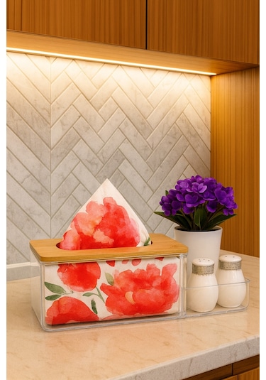 Bambu Kapaklı Plastik Peçetelik Ve Organizer, 25 X 12 X 10 Cm