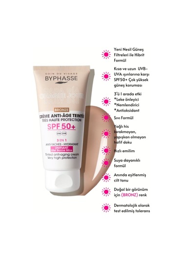 Byphasse Anti-Aging 3'ü 1 Arada Renkli Güneş Kremi Bronz SPF50+ 50 ML