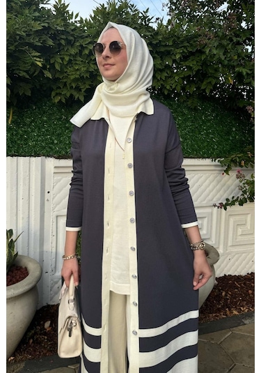 İmge Çizgili Triko Hırka Antrasit Çok Renkli