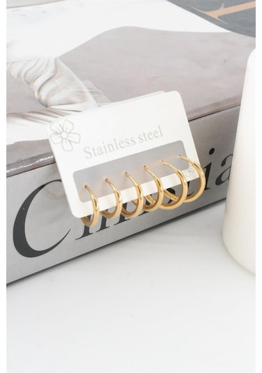 Kadın Kararmaz 316 L Çelik 6'lı Halka Set Küpe - Altın