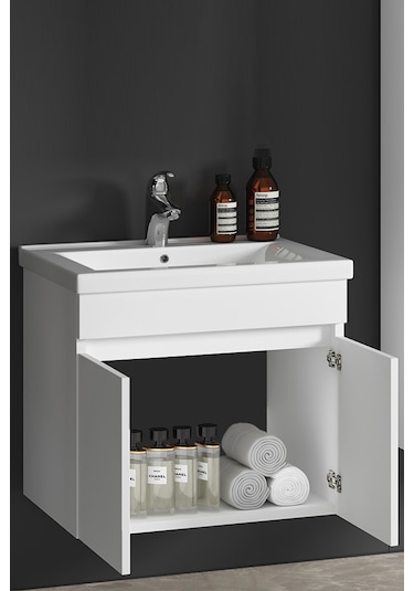 Çiğdem 55 Cm Beyaz Mdf Seramik Lavabolu Asma Banyo Alt Dolabı Beyaz