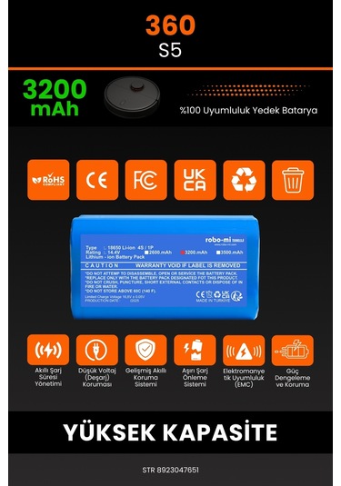 360 S5 Akıllı Robot Süpürge Bataryası 14.4v 3200mah