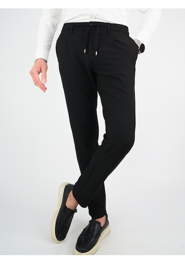 Erkek Yancep Beli Lastikli Kalın Kışlık Jogger Pantolon Siyah