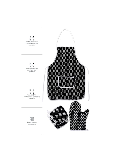 4 Lü Mutfak Çeyiz Seti Mutfak Önlüğü , Fırın Eldiveni Ve Tutacak Takımısiyah Puantiye