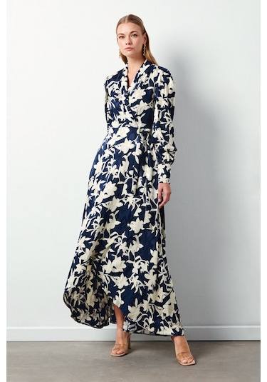Sateen Çiçek Desenli Uzun Elbise - Lacivert