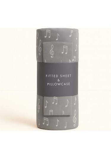 Tek Kişilik Nota Desen Lastikli Çarşaf Ve Yastık Kılıfı Antrasit