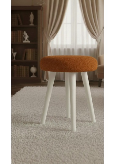 Gürgen Ahşap Retro Ayak Dekoratif Beyaz Pelüş Puf Tabure Koyu Kestane