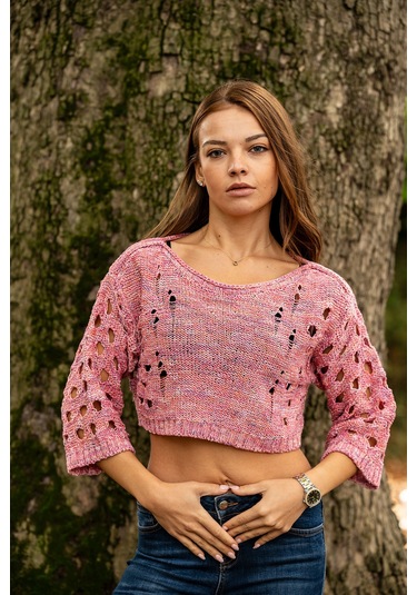 Verdeblanco Yırtık Detaylı Örme Crop Top Açık Pembe