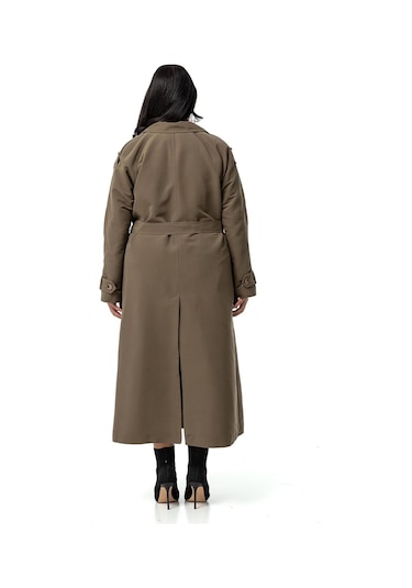 Büyük Beden Mono Yaka Kruvaze Kapamalı Yırtmaçlı Astarlı Uzun Haki Trençkot-haki Haki