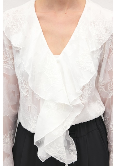 Sateen Fırfır Detaylı Nakışlı Gömlek - Ekru-137183 ekru