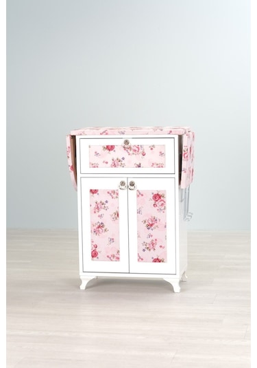 Mistik Home Rose Katlanır Dolaplı Ütü Masası Beyaz Gövde, Pembe Çiçek Desenli Beyaz/pembe