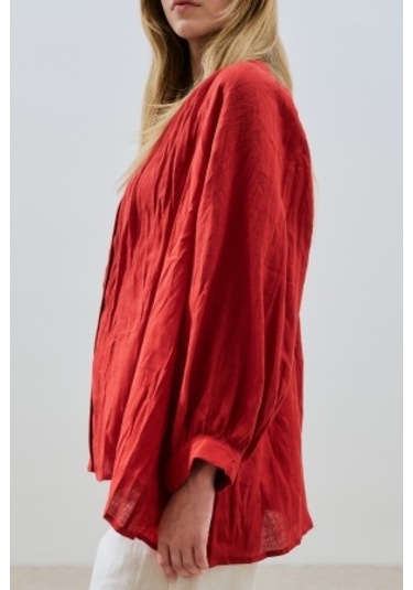 Keten Krushlı Düğmeli Bluz Kırmızı Kırmızı