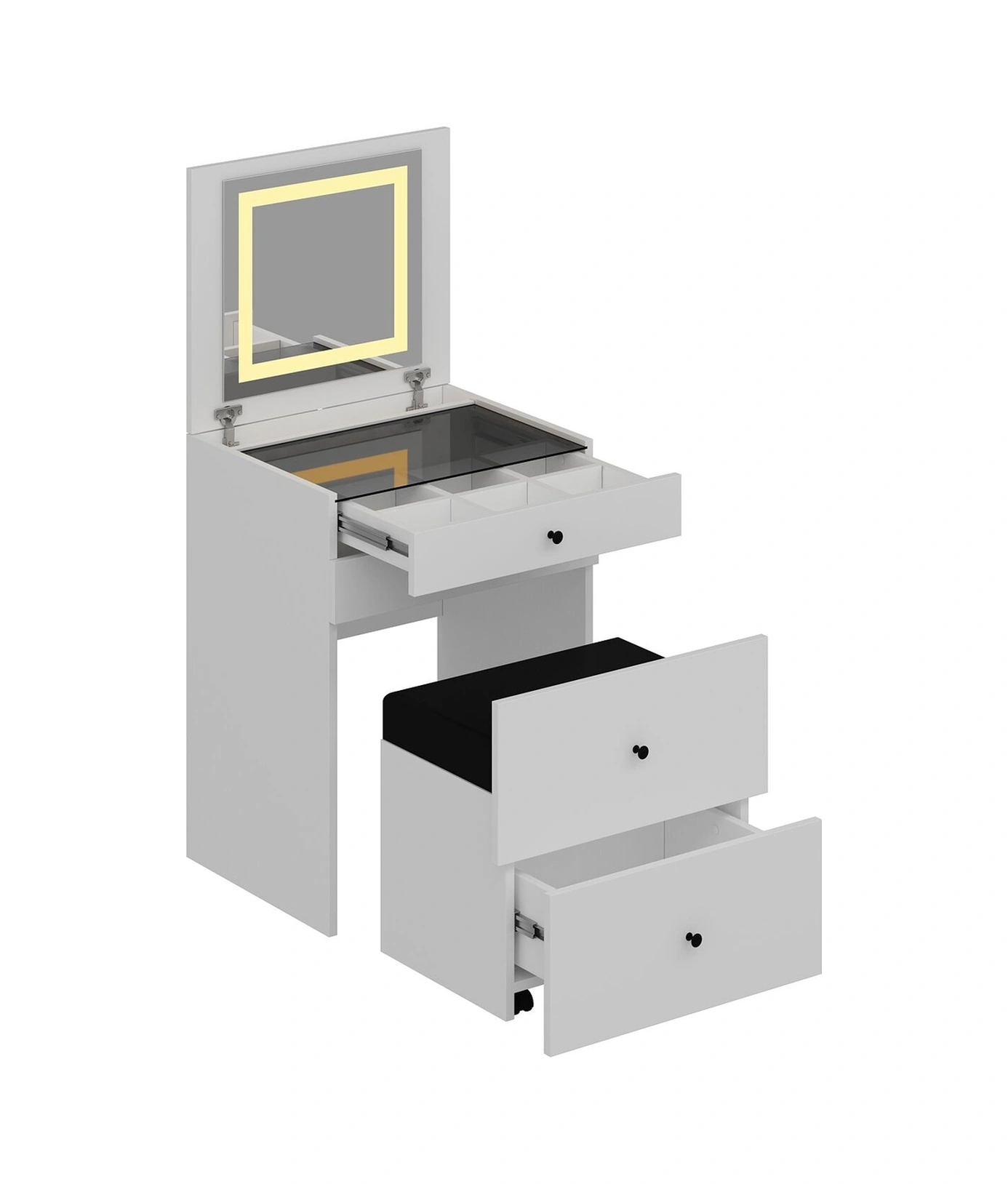 Luna Gizli Puflu Led Aynalı Makyaj Masası - Beyaz Beyaz