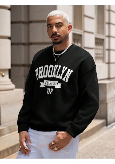 Adrift Coko Serisi Manfinity Sporsity Letter Graphic Drop Shoulder Sweatshirt Siyah