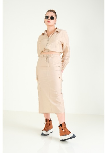 Giyim Dünyası Kadın Paraşüt Crop Mont Açık Camel 001