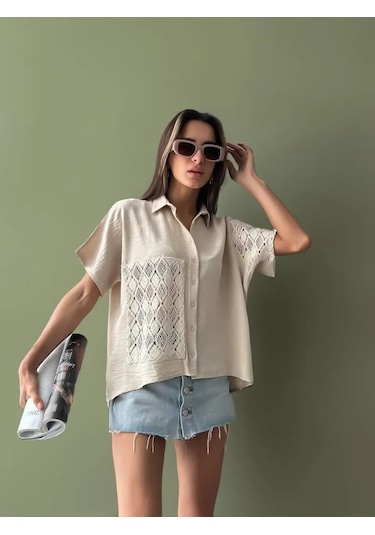 Kadın Keten Oversize Krem Dantel Detay Kısa Kollu Gömlek Krem