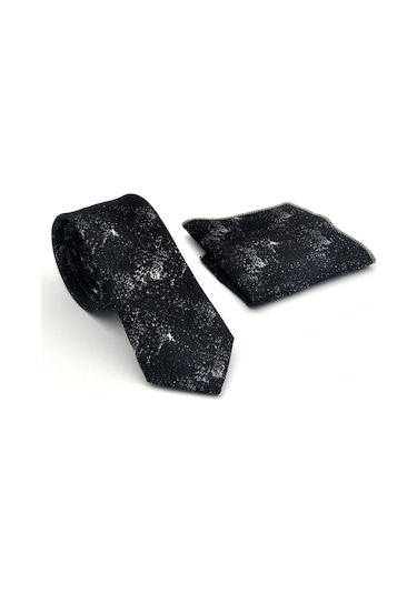 Gaffy Beyaz Desenli Siyah Dokuma Kumaş Mendilli Slim Fit Kravat // Sdk-2613-1 Siyah