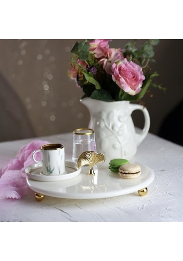 Akayev Mermer Beyaz 28 Cm Altın Boncuk Ayak Ginkgo Sunum Tabağı Beyaz