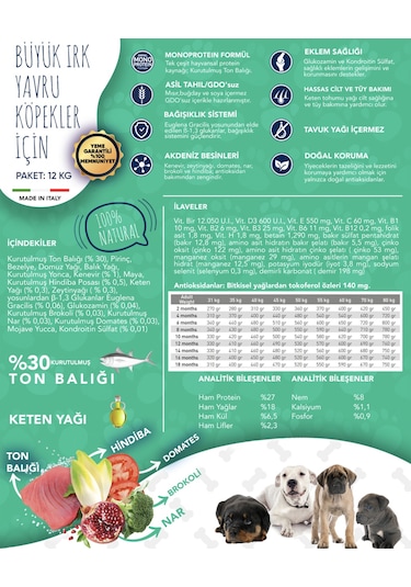 Exclusion Monoprotein Düşük Tahıllı Ton Balıklı ve Narlı Büyük Irk Yavru Köpek Maması 12 KG