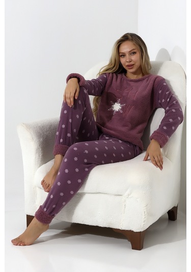 Fawn 5020 Peluş Welsoft Polar Kışlık Yumoş Kadın Pijama Takımı Lila